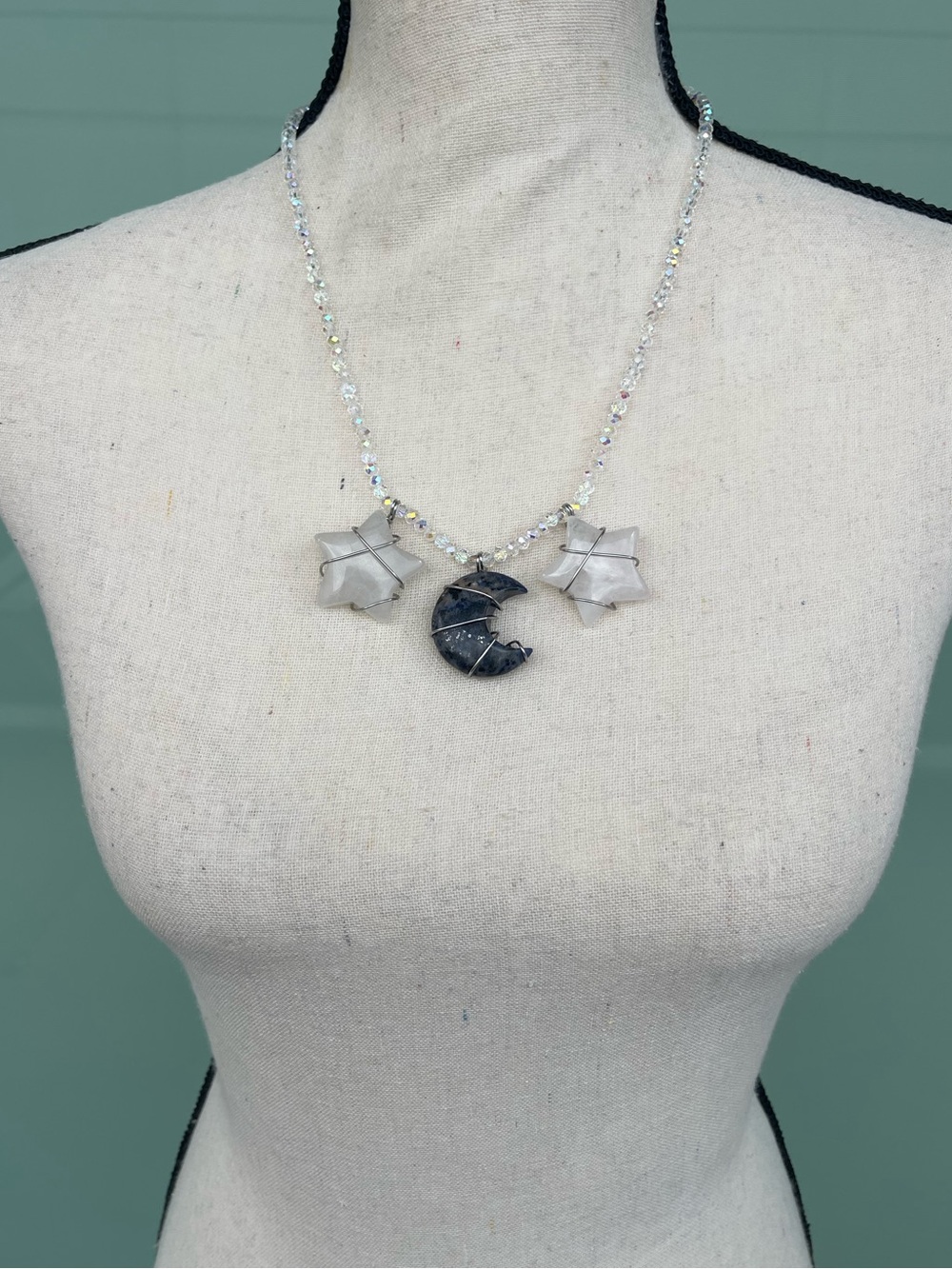 Lapis Moon and Clear Quartz Stars Necklace on White Glass AB Beaded Chain